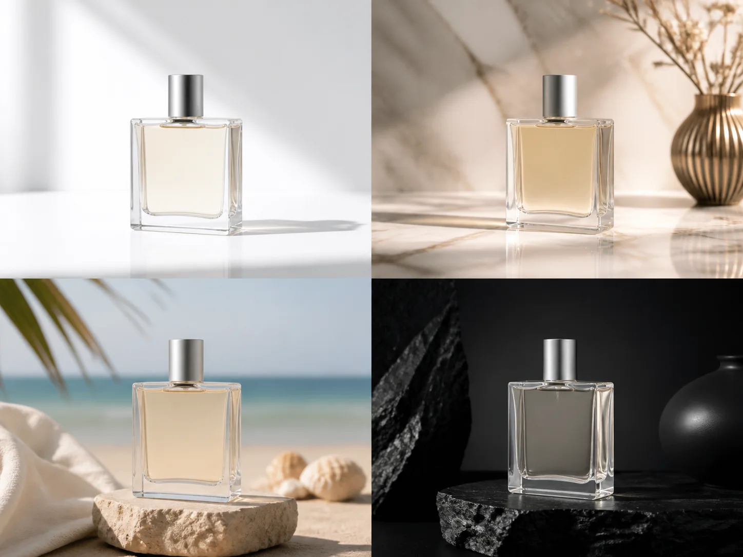 perfume product shown in multiple AI generated backgrounds for campaign testing