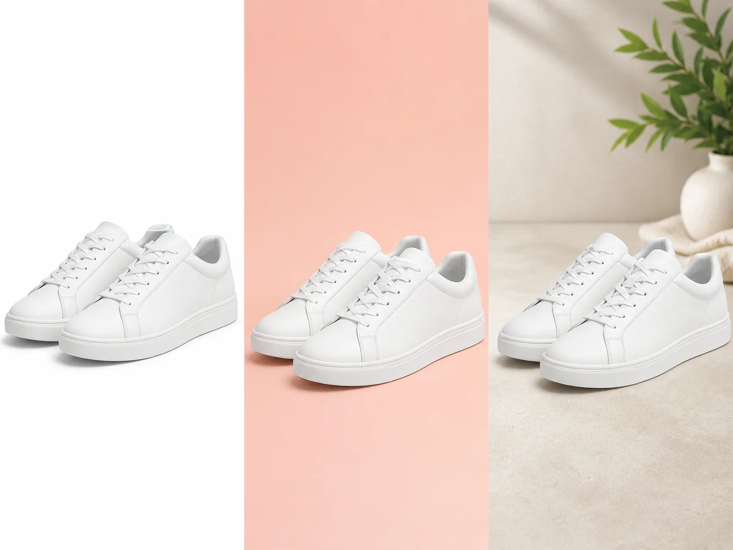 white sneakers shown on white, pastel, and lifestyle backgrounds for change background ecommerce workflows