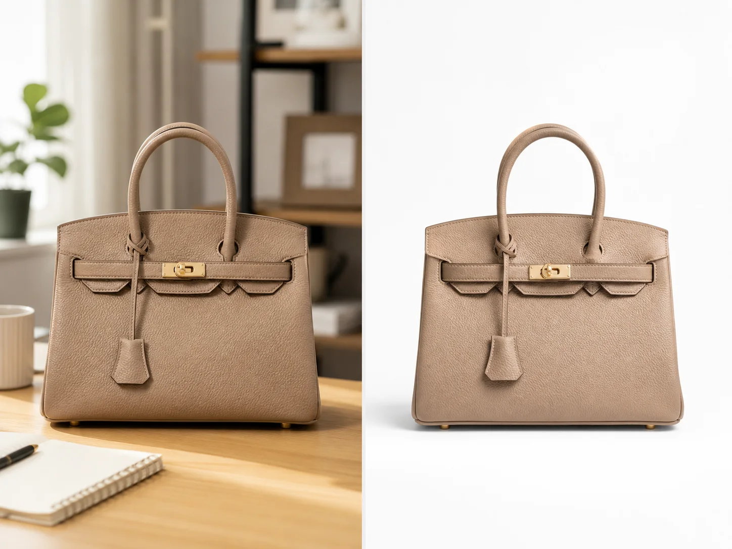 handbag product photo before and after changing background to clean ecommerce white