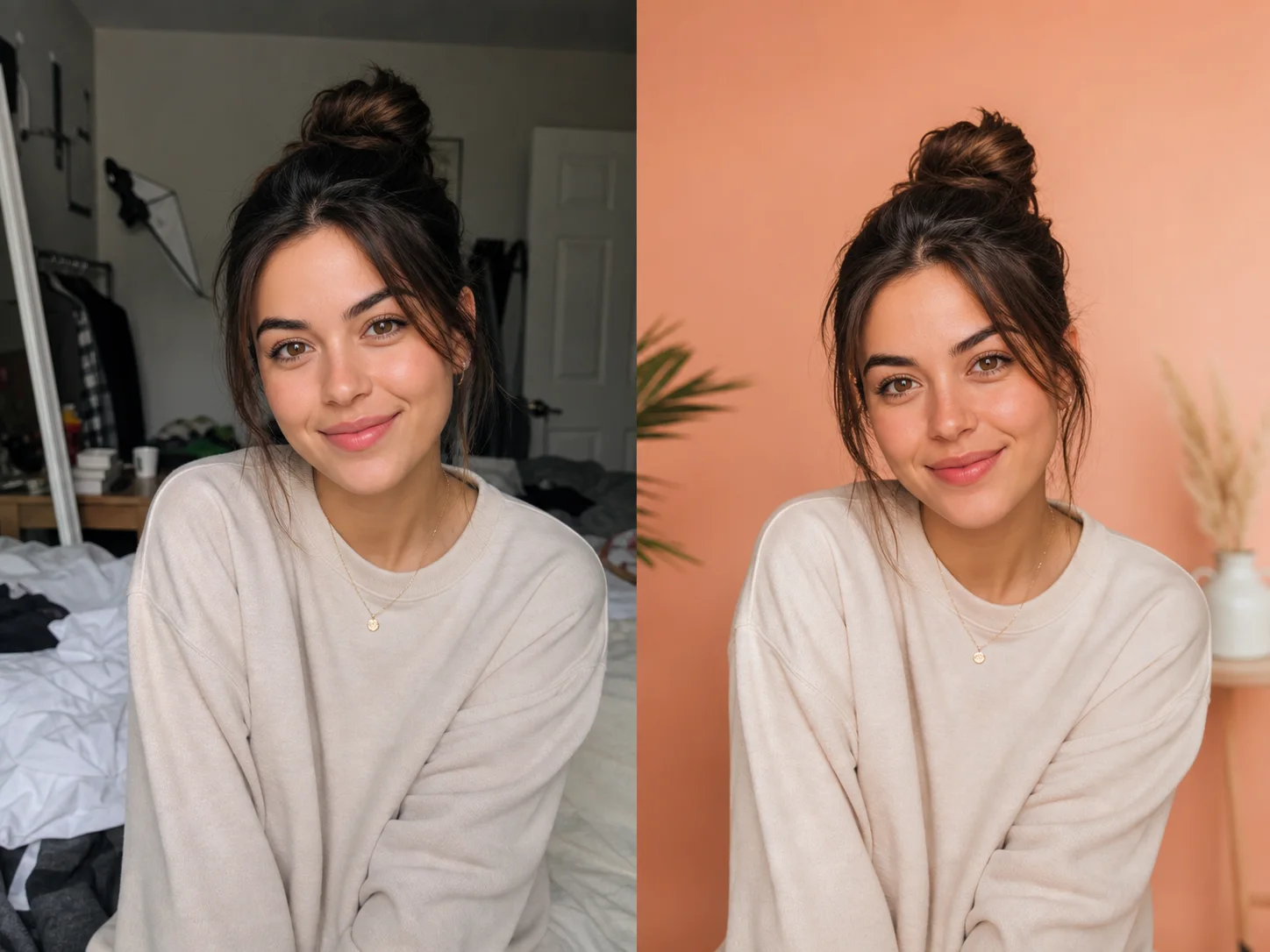 creator portrait before and after changing picture background for social posts